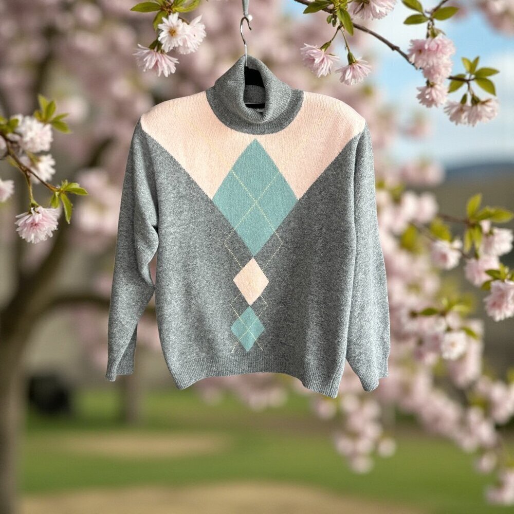 Talbots Vintage Gray Blue and Pink  Turtleneck Lambswool Angora Sweater Medium